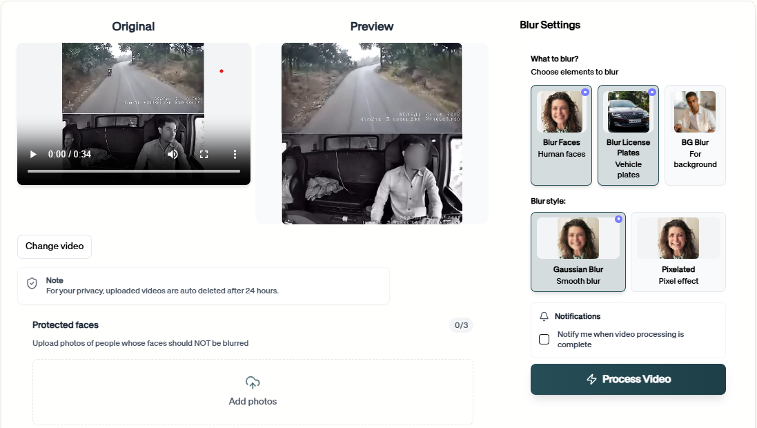 डैशकैम वीडियो के लिए ब्लर प्राथमिकताएँ चुनें